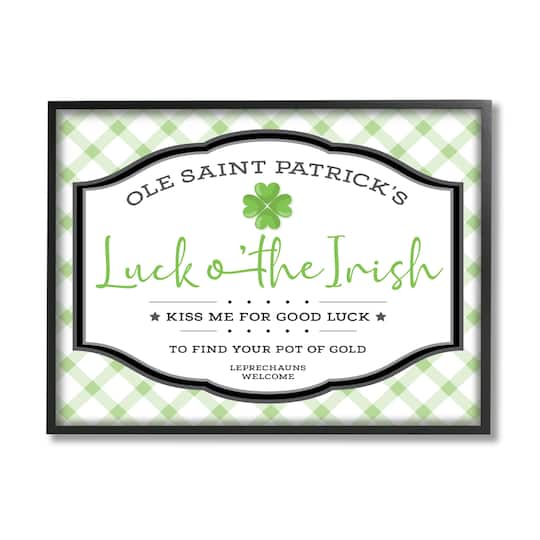 Stupell Industries Saint Patrick's Luck o'the Irish Sign Green Plaid Framed Giclee Art